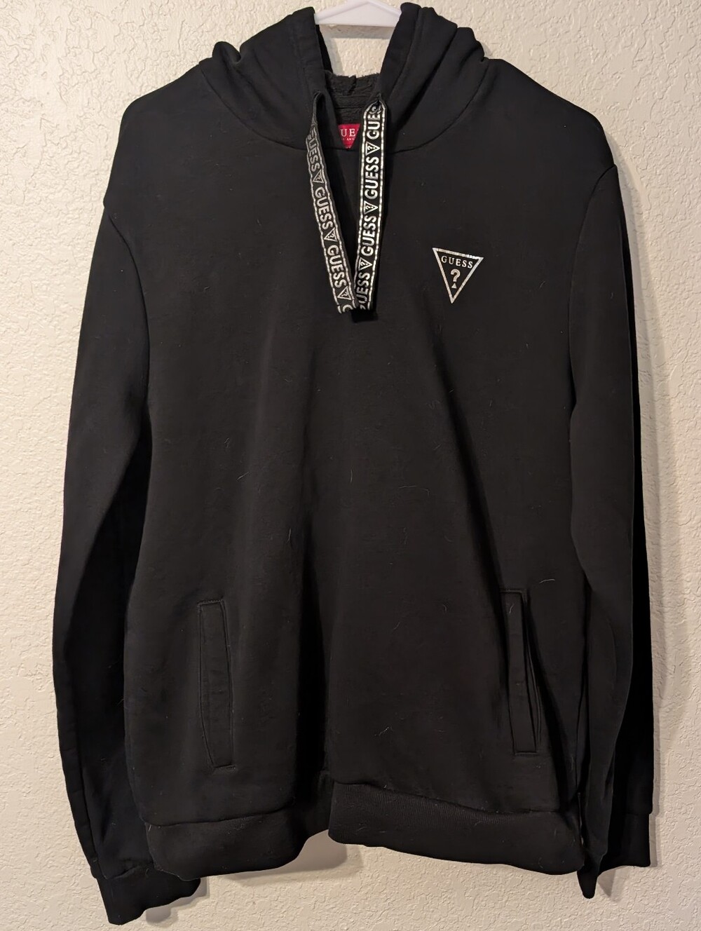 GUESS Black & Silver Logo Hoodie Sweatshirt w/ Front Pockets, Size L